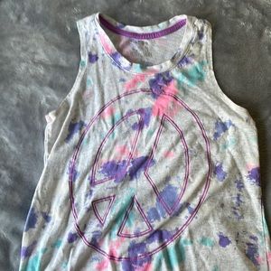 Light grey tank with blue pink purple tie dye